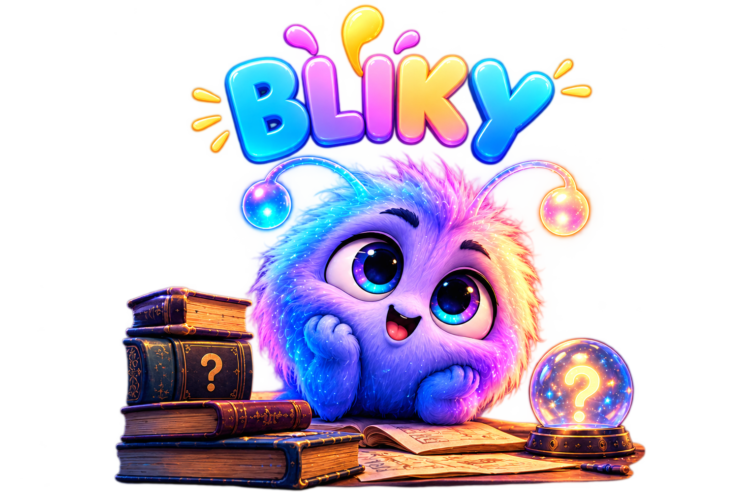 Bliky, chlupatý kouzelný tvor s knížkami a křišťálovou koulí